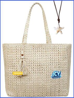 Woven Straw Tote Bag with Zipper Large Beach Summer Vacation Travel Pool